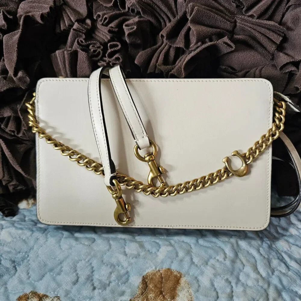 Coach Signature Chain Crossbody Bag Purse In Chalk Leather